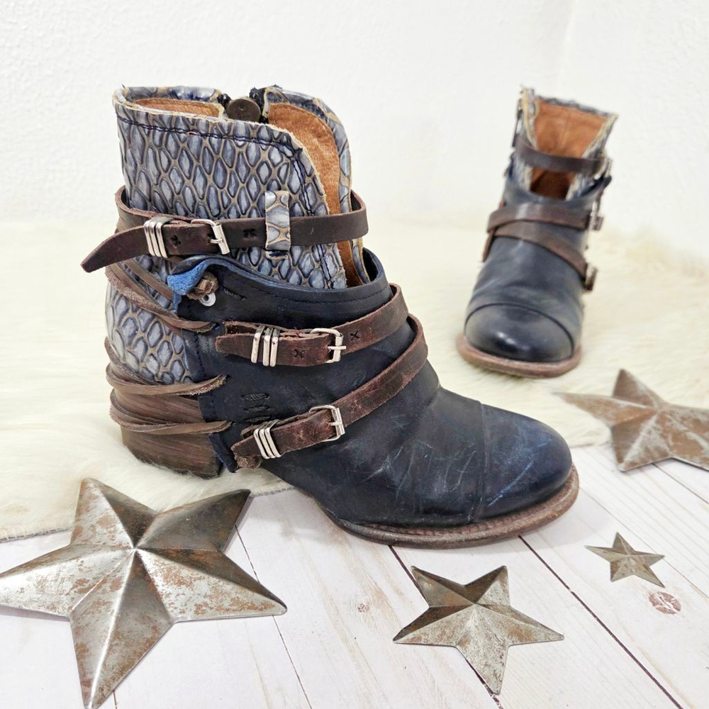 Freebird Crue Ankle boots navy multi dark blue strappy leather booties women's 7